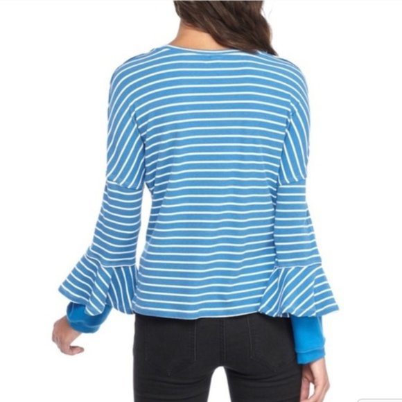 Free People Round About Tee Ocean Combo Striped Ruffle Casual Shirt Top Sweater - Picture 2 of 8